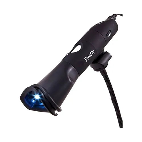Black handheld device with blue light on a white background, branded 'Firefly'.