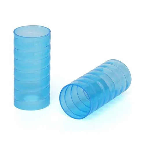 Stack of blue plastic tubes on a white background
