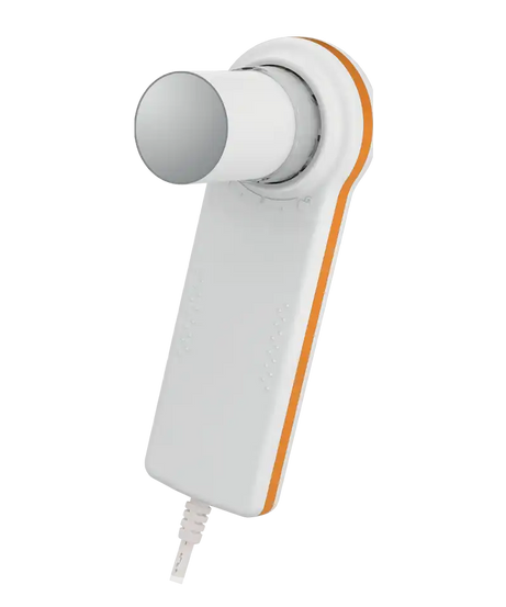 White handheld device with an orange accent on a white background