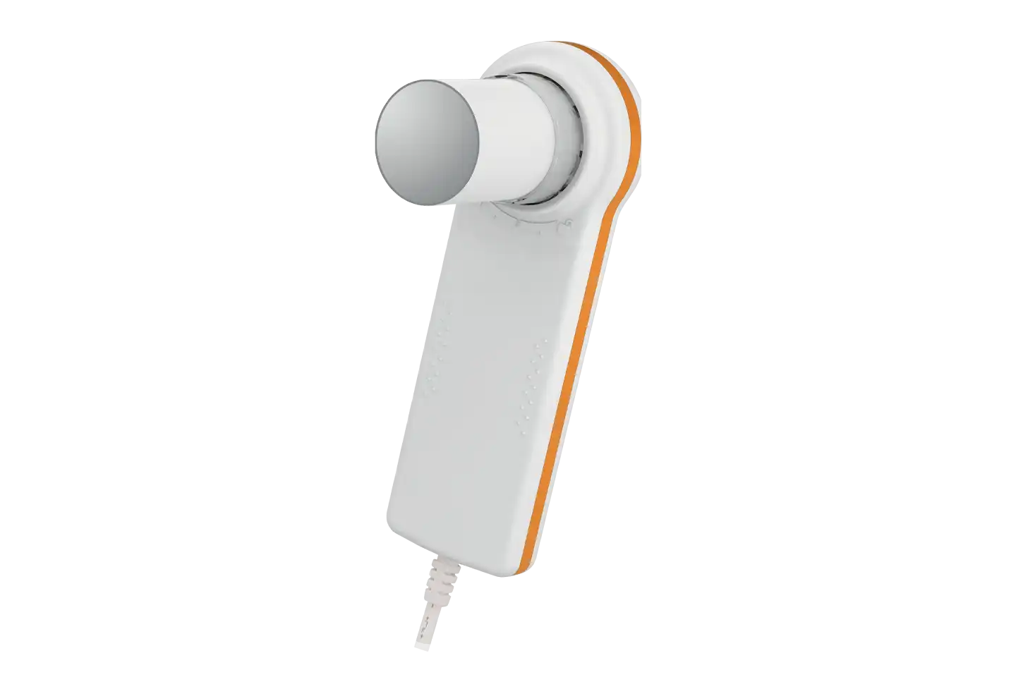 White handheld device with an orange accent on a white background