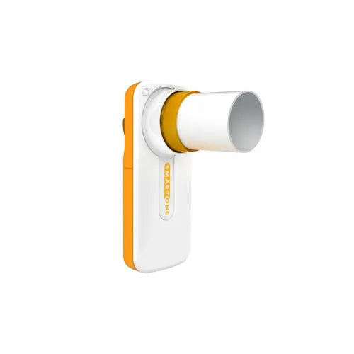 White and orange handheld device on a white background