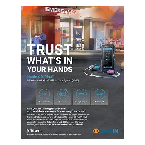 Advertisement for Nonin CO-Pilot wireless handheld multi-parameter system with text 'Trust What's in Your Hands' and Tri-Amin branding.