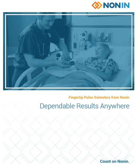 Advertisement for Nonin fingertip pulse oximeters showing a healthcare professional and patient in a hospital setting.