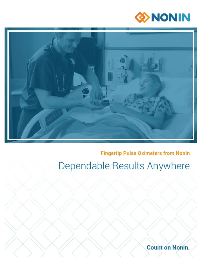 Advertisement for Nonin fingertip pulse oximeters showing a healthcare professional and patient in a hospital setting.
