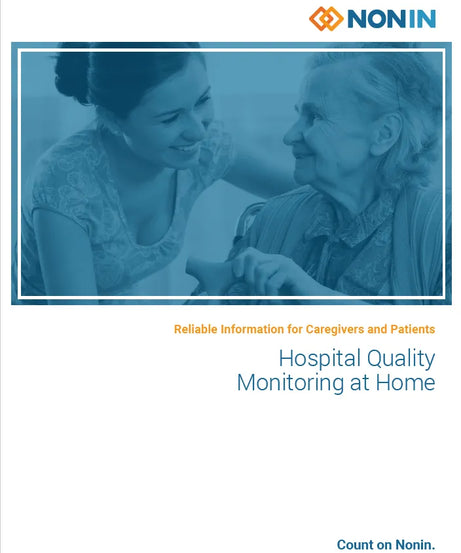 Brochure cover with a photo of a caregiver and elderly person, featuring Nonin logo and text about hospital quality monitoring at home.