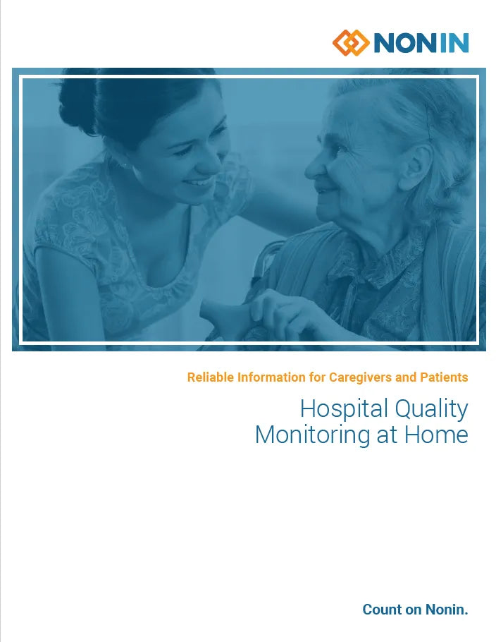 Brochure cover with a photo of a caregiver and elderly person, featuring Nonin logo and text about hospital quality monitoring at home.