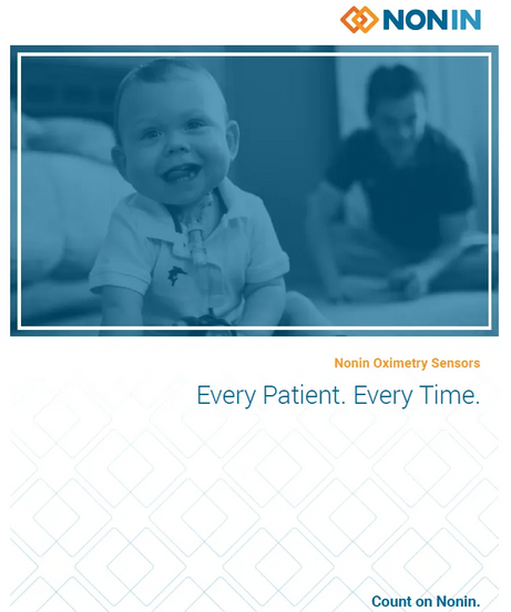 Advertisement for Nonin Oximetry Sensors featuring a baby and child, with the Nonin logo.