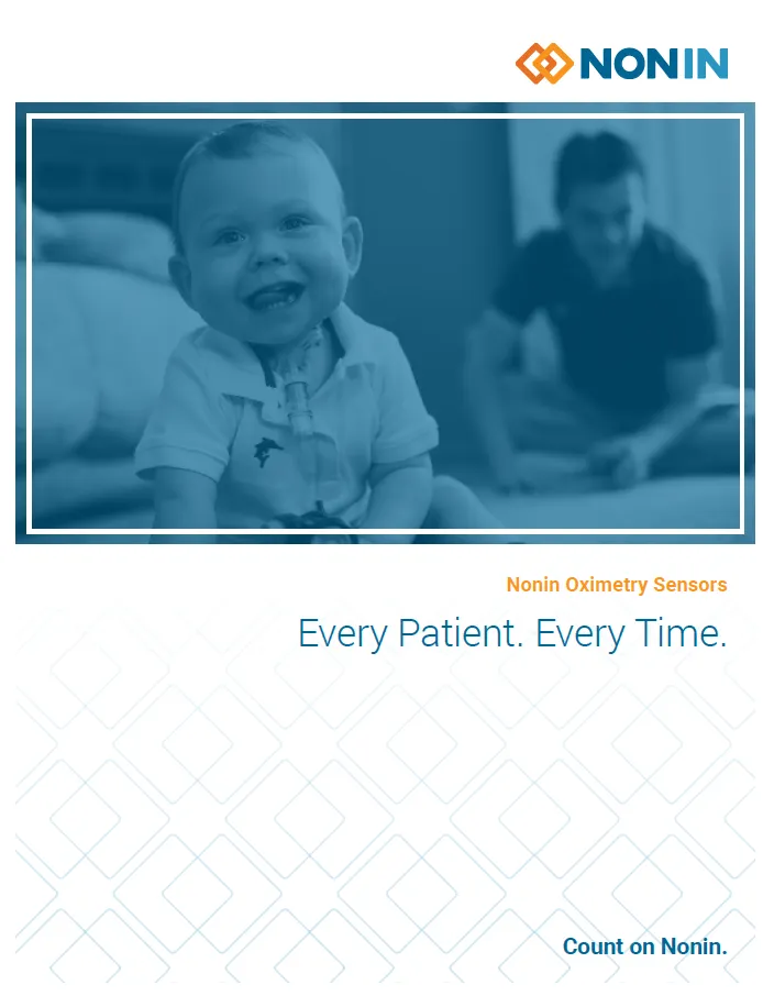 Advertisement for Nonin Oximetry Sensors featuring a baby and child, with the Nonin logo.