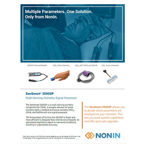 Advertisement for Nonin medical equipment with product features and Nonin logo.