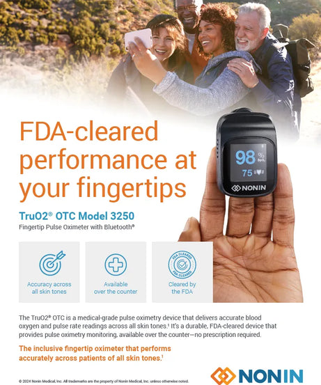 Advertisement for Nonin Tru02 OTC Model 3250 fingertip pulse oximeter with a family taking a selfie in the background.