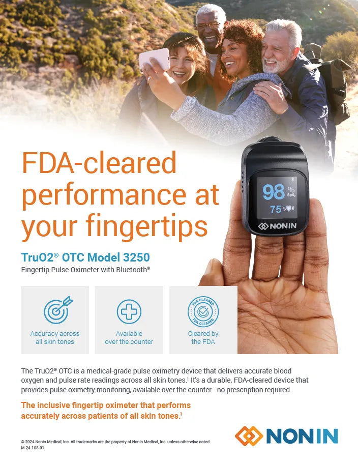 Advertisement for Nonin Tru02 OTC Model 3250 fingertip pulse oximeter with a family taking a selfie in the background.