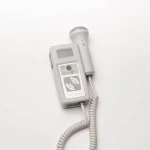 White medical device with microphone and display on a white background
