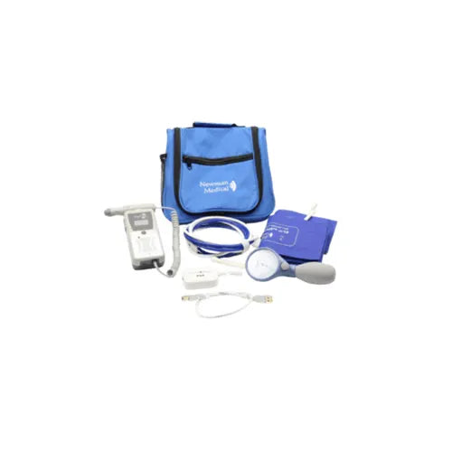 Medical kit with blue bag, monitor, and other equipment on a white background