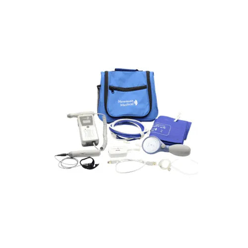 Medical kit with blue bag, stethoscope, and other equipment on a white background