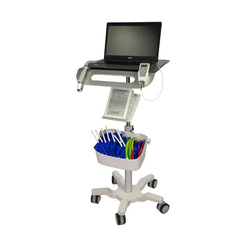 Medical cart with laptop, monitor, and medical supplies on a white background