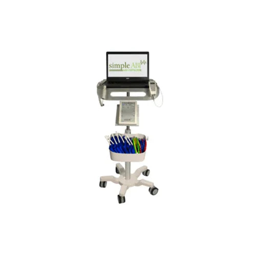 Medical cart with a laptop and supplies on a white background