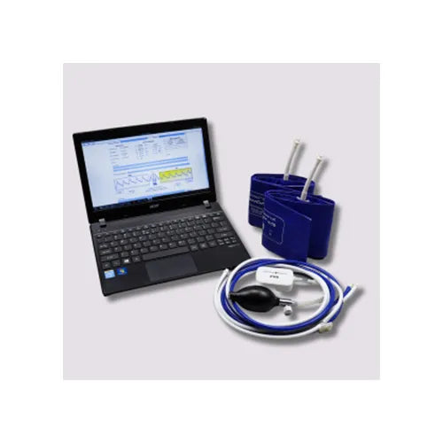 Laptop with medical monitoring equipment on a white background