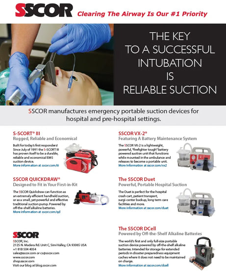 Advertisement for SSCOR suction devices with a person undergoing intubation.