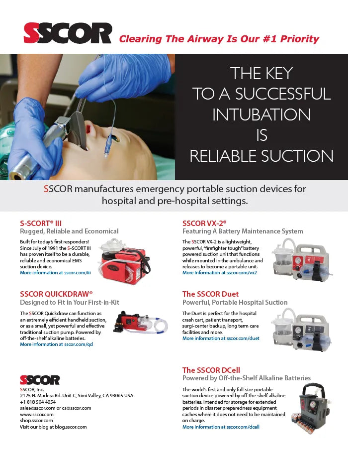 Advertisement for SSCOR suction devices with a person undergoing intubation.