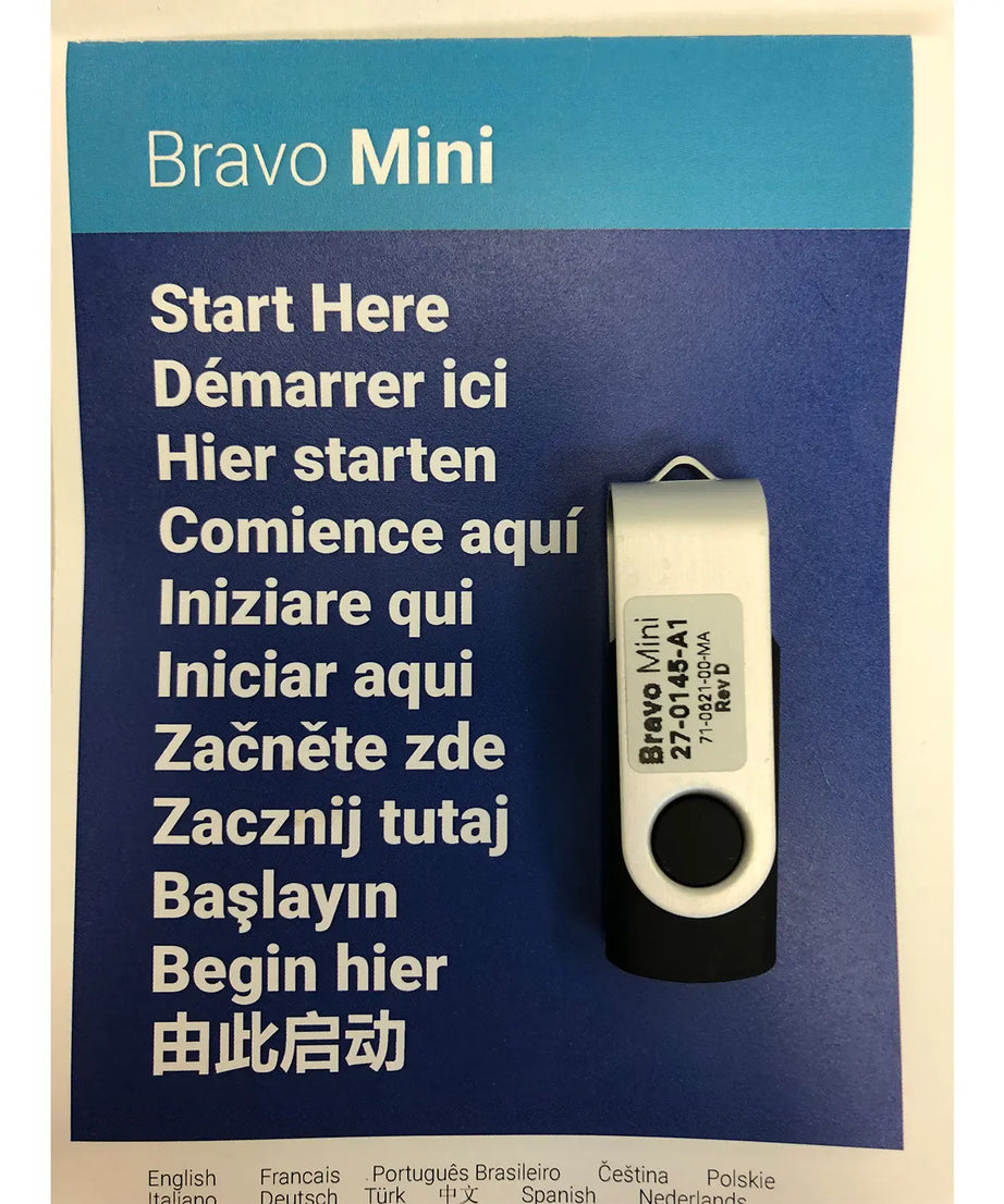 Bravo Mini USB drive packaging with multiple language text on a blue background
