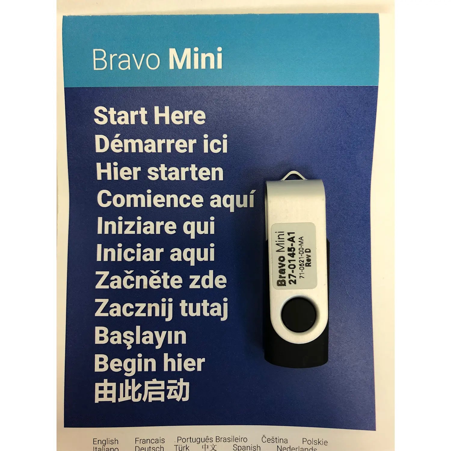 Bravo Mini USB drive packaging with multiple language text on a blue background