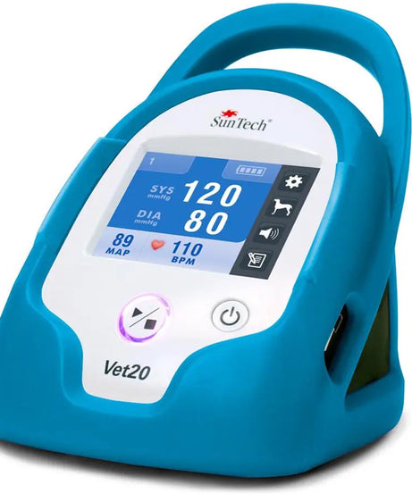 Blue veterinary blood pressure monitor with digital display on a white background