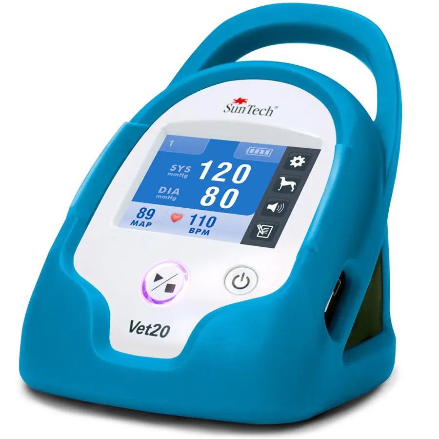 Blue veterinary blood pressure monitor with digital display on a white background