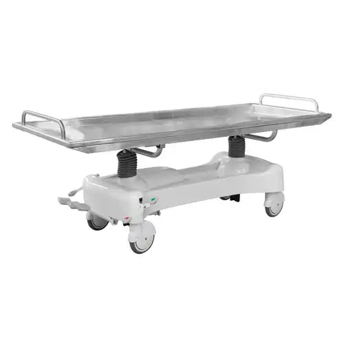Cadaver stretcher with wheels on a white background