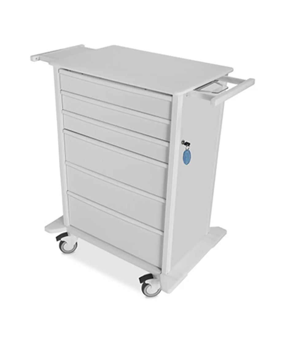 White medical cart with drawers on a white background
