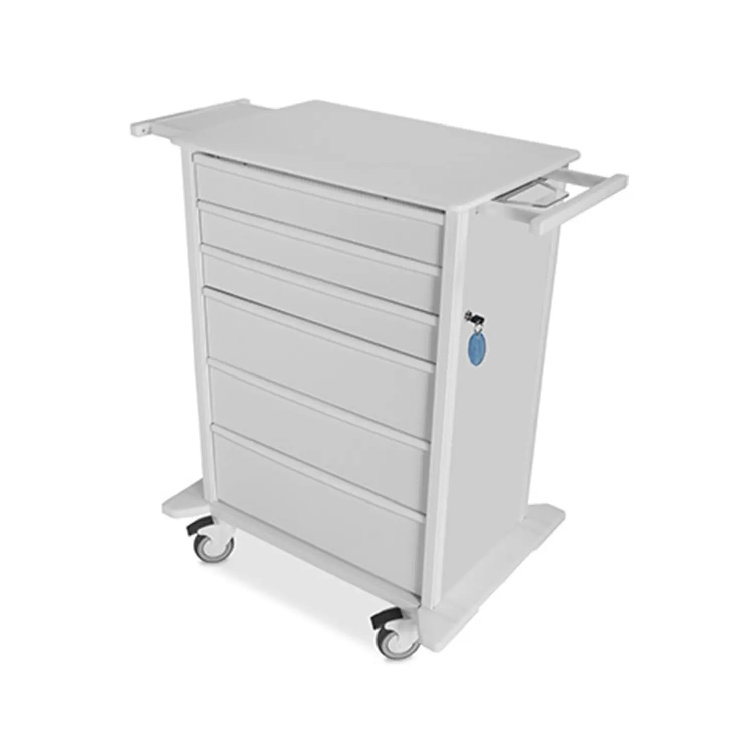 White medical cart with drawers on a white background