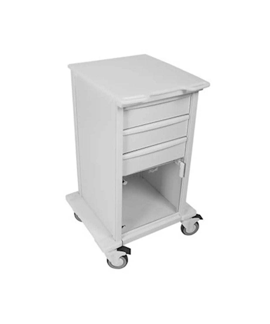 White rolling cart with a drawer on a white background