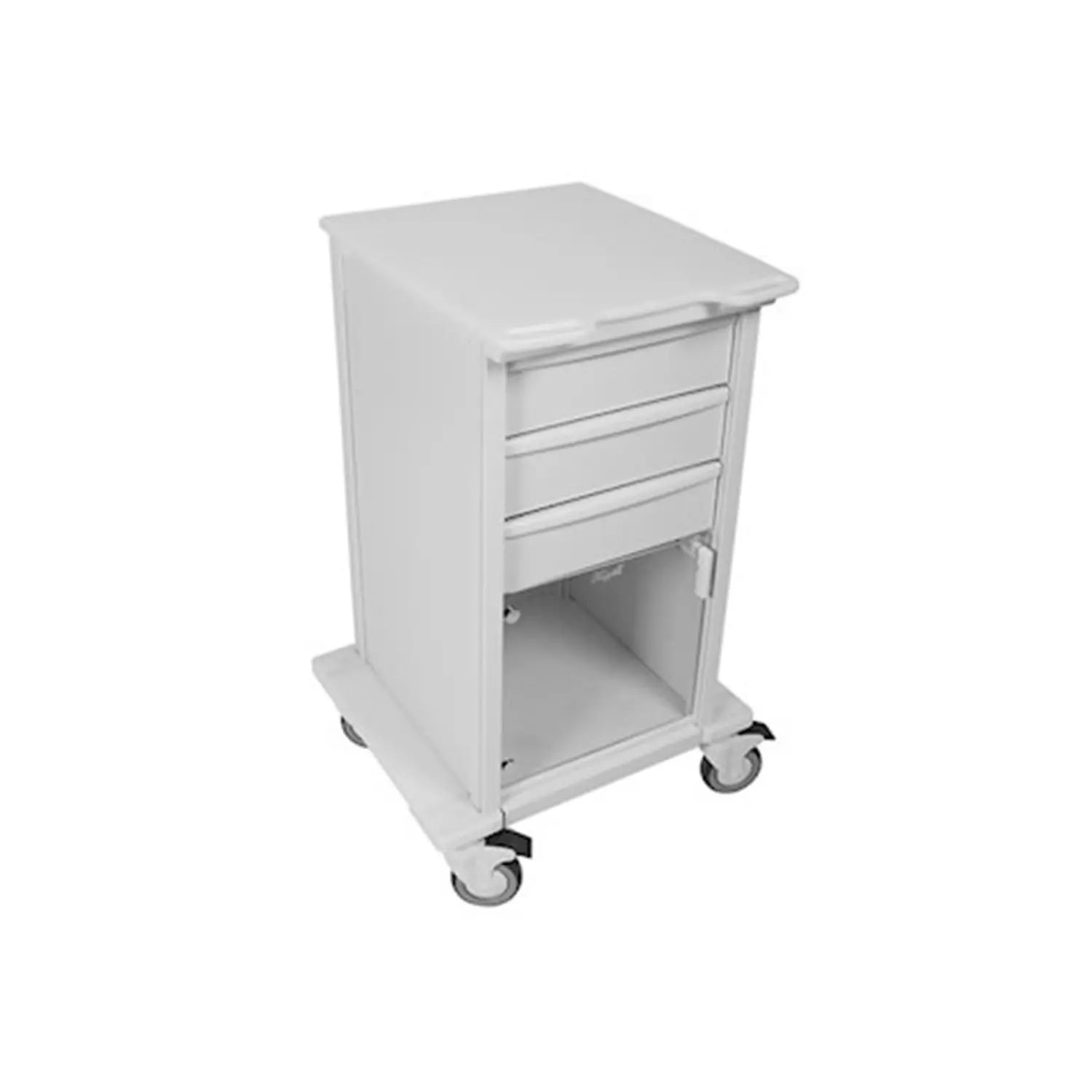 White rolling cart with a drawer on a white background