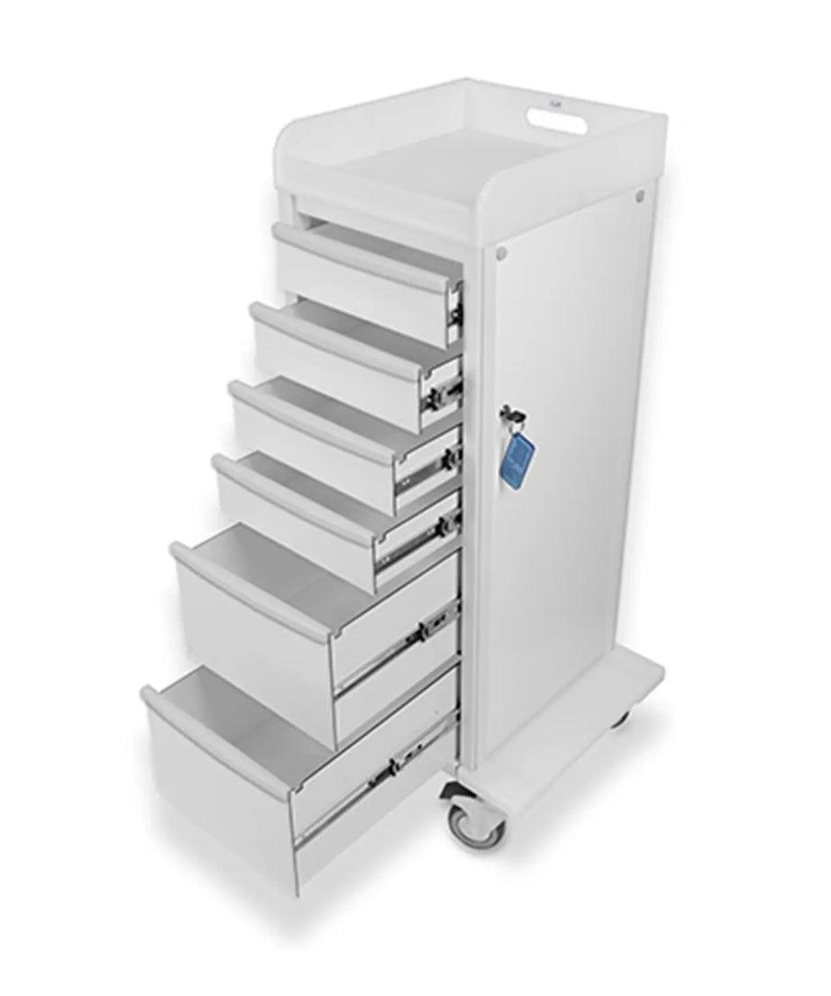 White rolling cart with multiple drawers on a white background