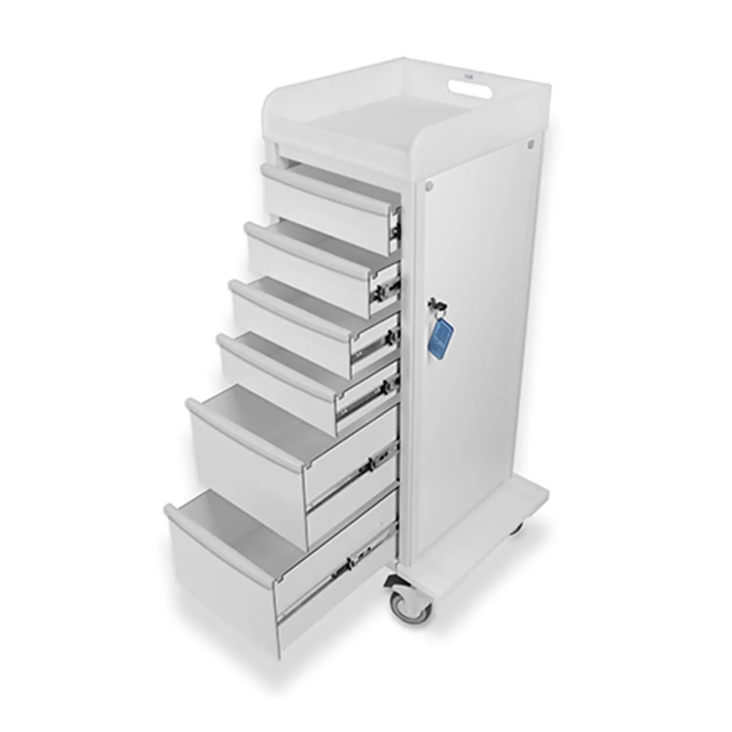 White rolling cart with multiple drawers on a white background