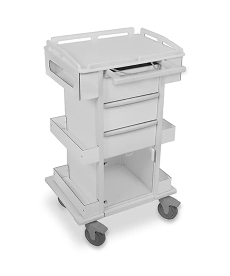 White rolling cart with multiple drawers on a white background