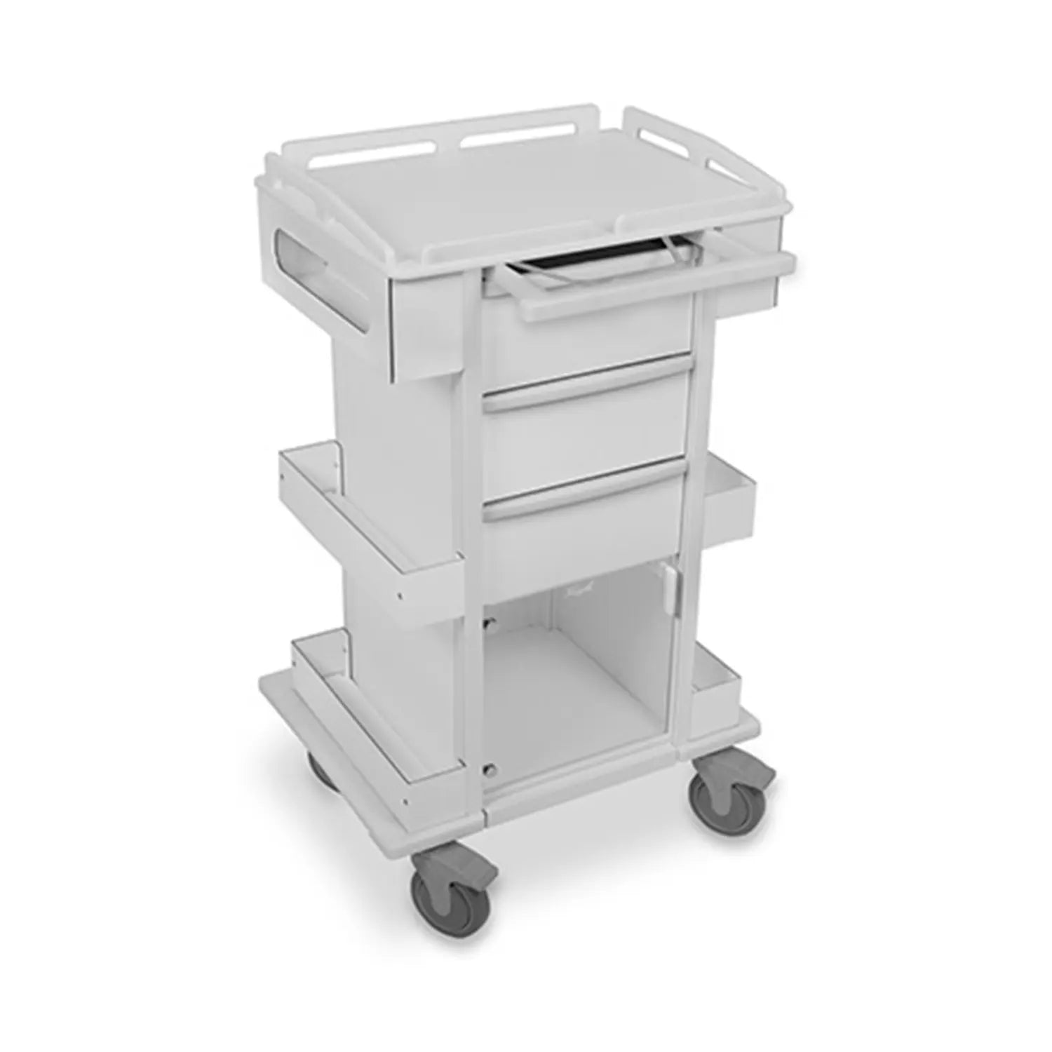 White rolling cart with multiple drawers on a white background