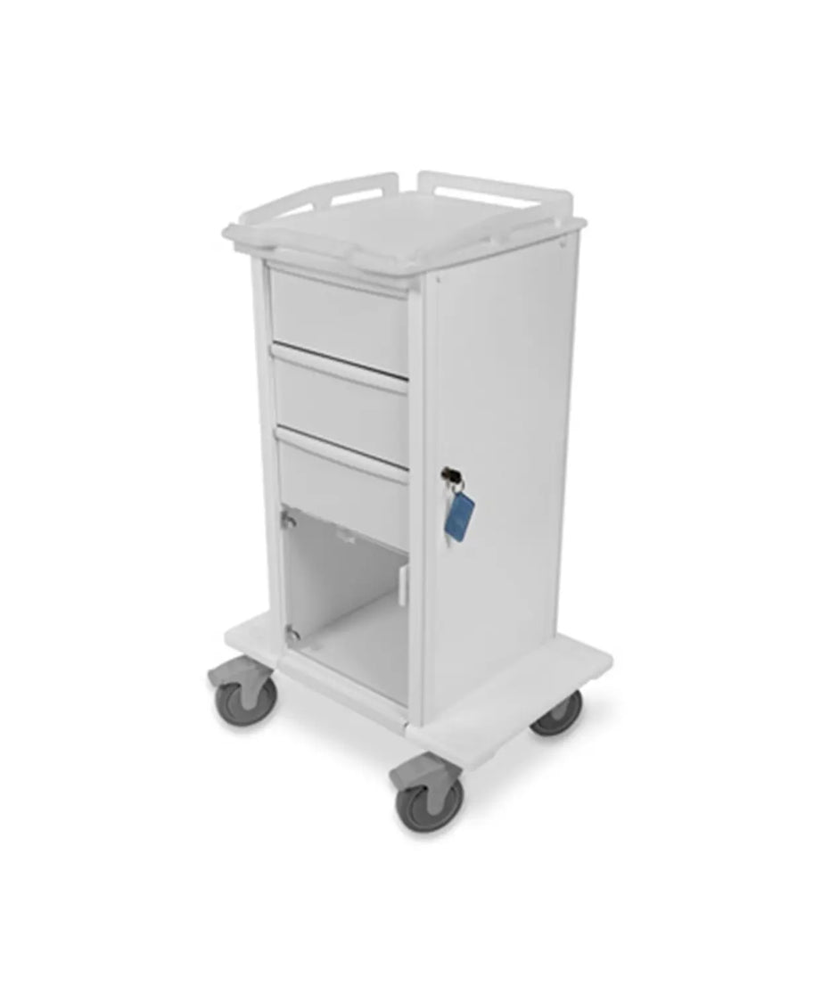 White medical cart with a key lock on a white background