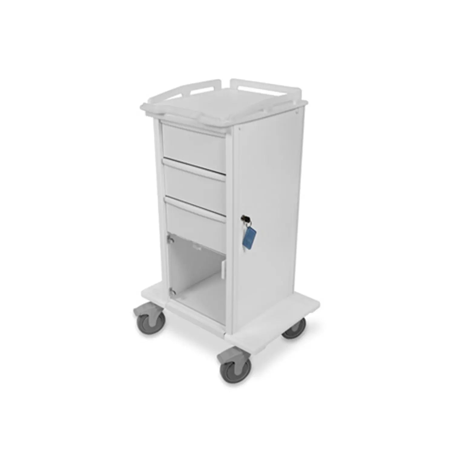 White medical cart with a key lock on a white background