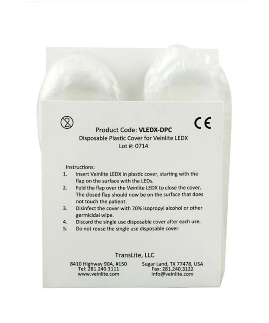 Disposable plastic cover for Veinlite LEDX with product code and instructions on a white background