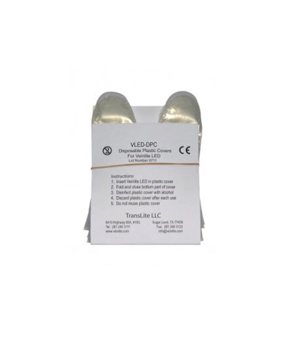 Disposable plastic cover packaging with VLED-QPC branding on a white background