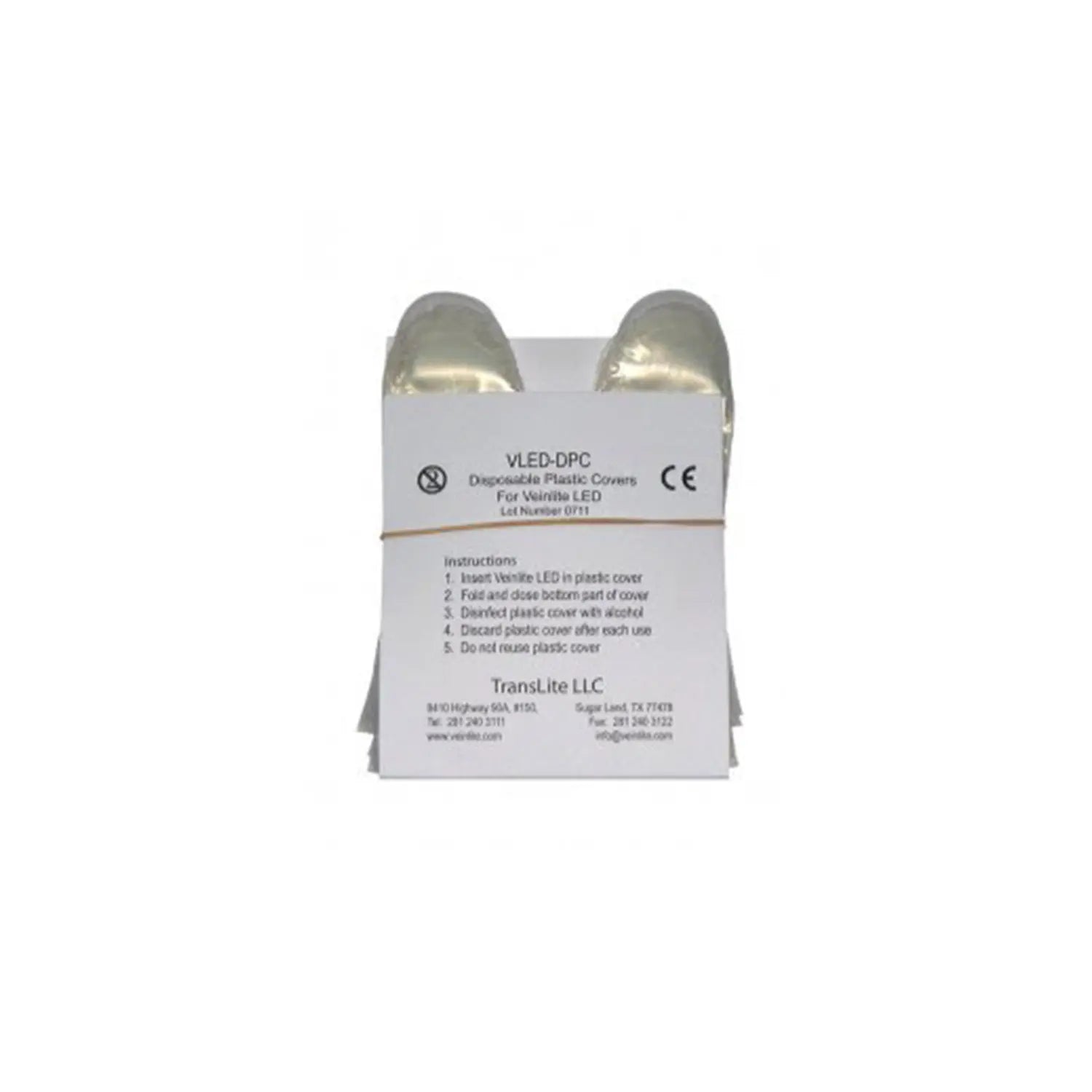 Disposable plastic cover packaging with VLED-QPC branding on a white background