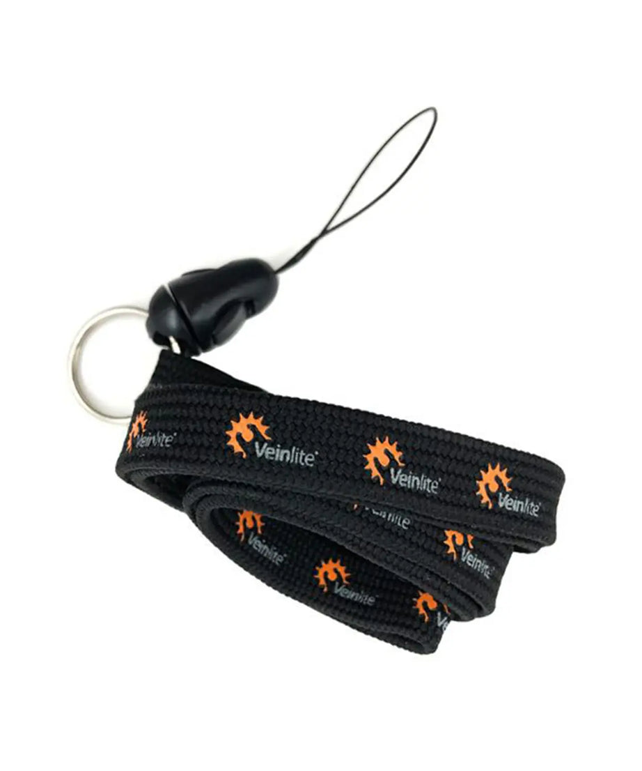 Black lanyard with orange logo on a white background