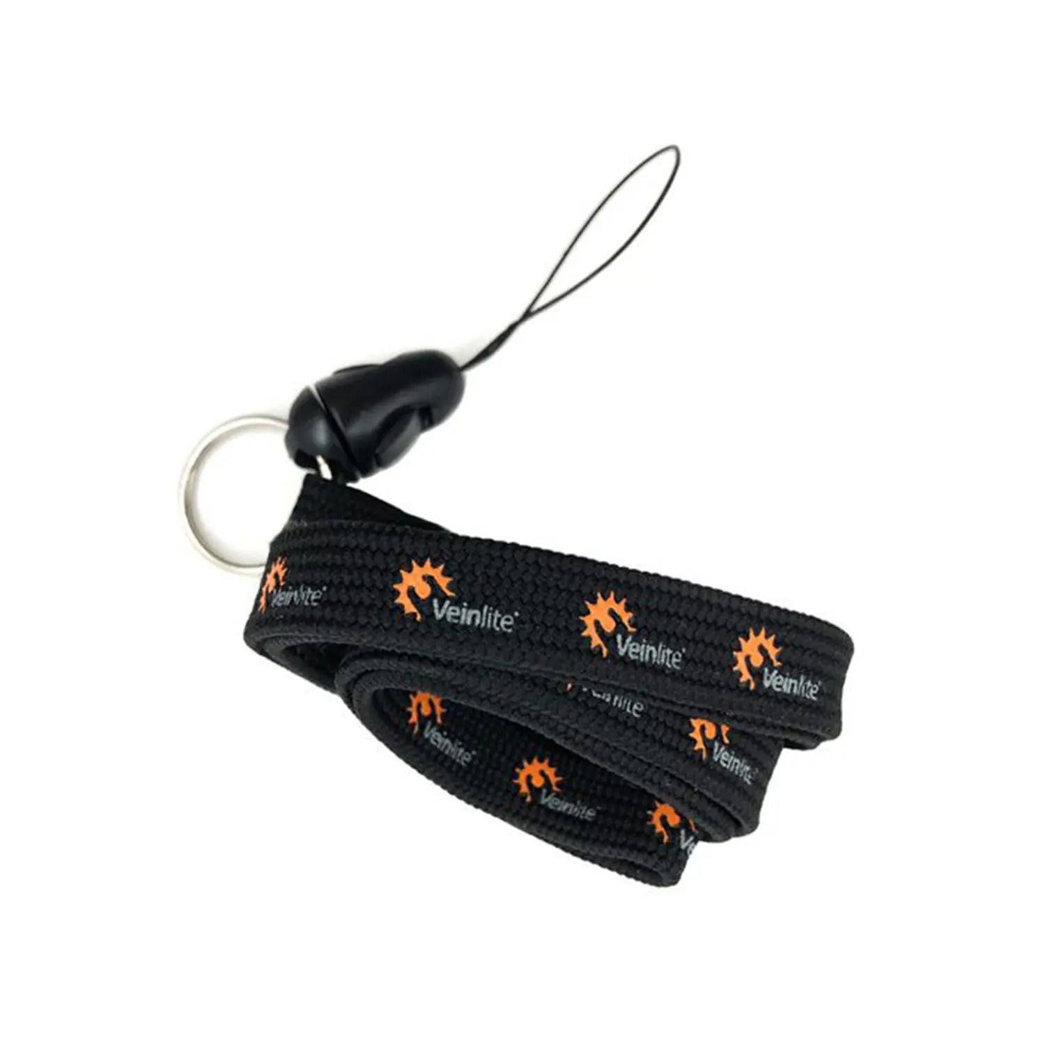 Black lanyard with orange logo on a white background