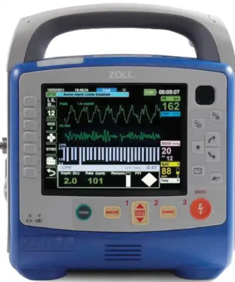 ZOLL R Series defibrillator with integrated handle, ECG waveform display, and advanced ALS monitoring controls.