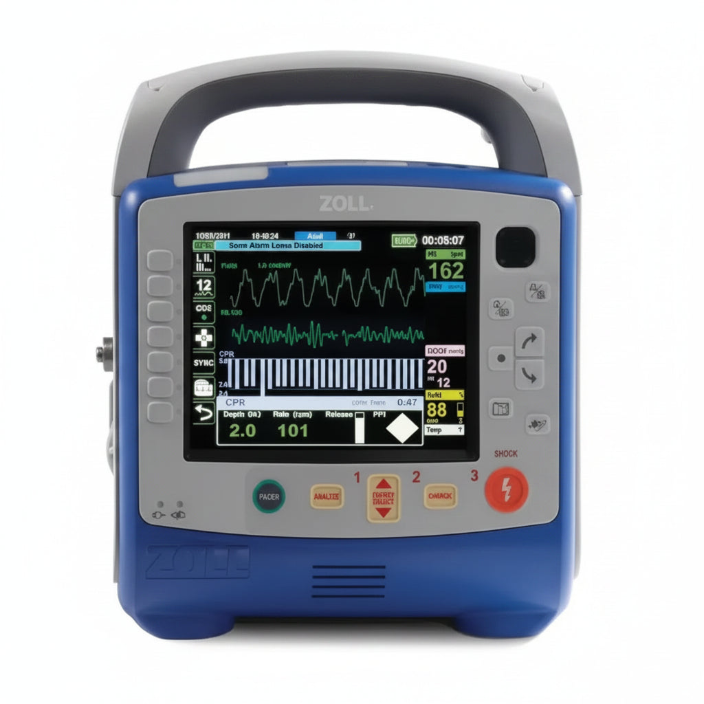 ZOLL R Series defibrillator with integrated handle, ECG waveform display, and advanced ALS monitoring controls.