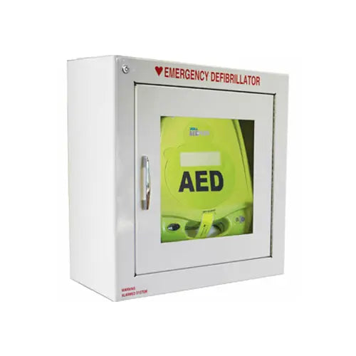 White AED cabinet with a green AED device inside and the words Emergency Defibrillator on top on a white background.