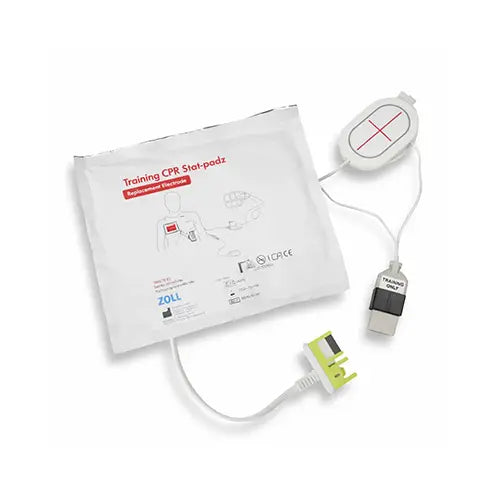 ZOLL training CPR device with electrodes and packaging on a white background