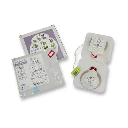 ZOLL pediatric electrodes with purple packaging on a white background.