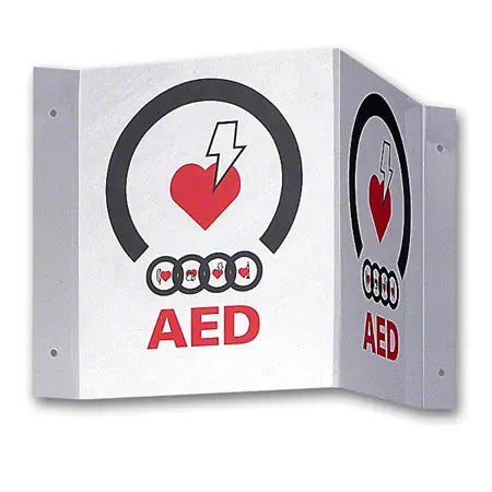A AED sign with a red heart, an outline of a thunderbolt on the heart and the letters AED on the bottom. 