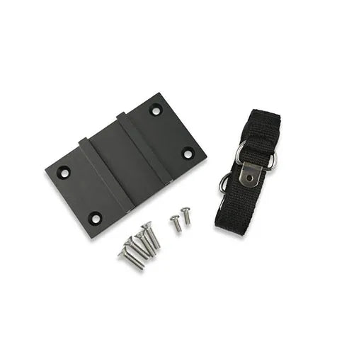 Black metal hinge, black strap with buckle, and screws on a white background